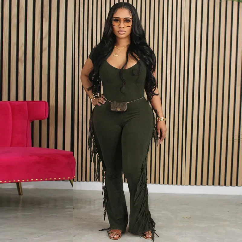 Casual Side Fringe Tassel One Piece Jumpsuit for Women Clothing V-neck Short Sleeve Skinny Flare Pants Rompers and Jumpsuits 240813
