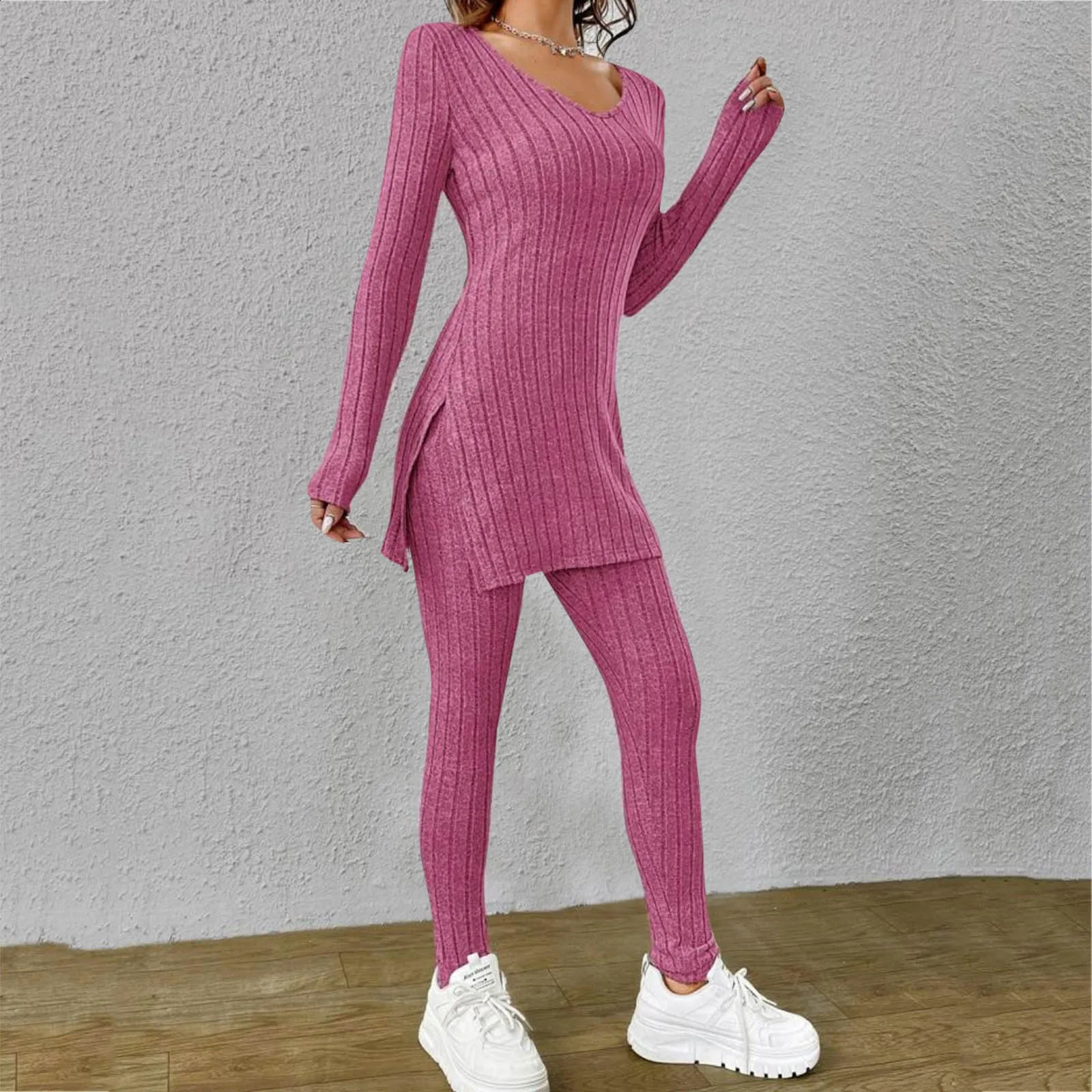 Spring Fashion Knit Suits 2024 Casual Loose PulloverElastic Long Pants Print Knitted Solid Color Two Pieces Sets Clothing 240813