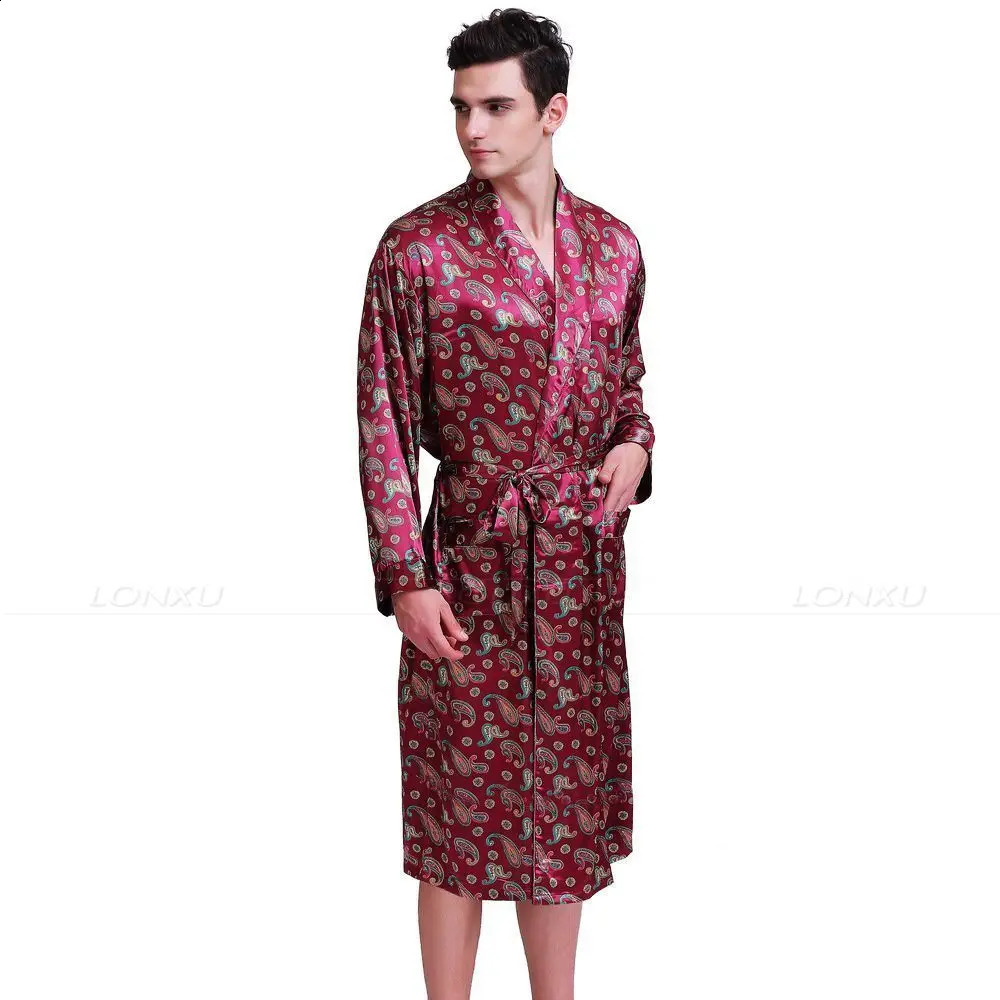 Mens Silk Satin Robes Bathrobe Nightgown Pajamas Sleepwear S ~ 3XL 240812
