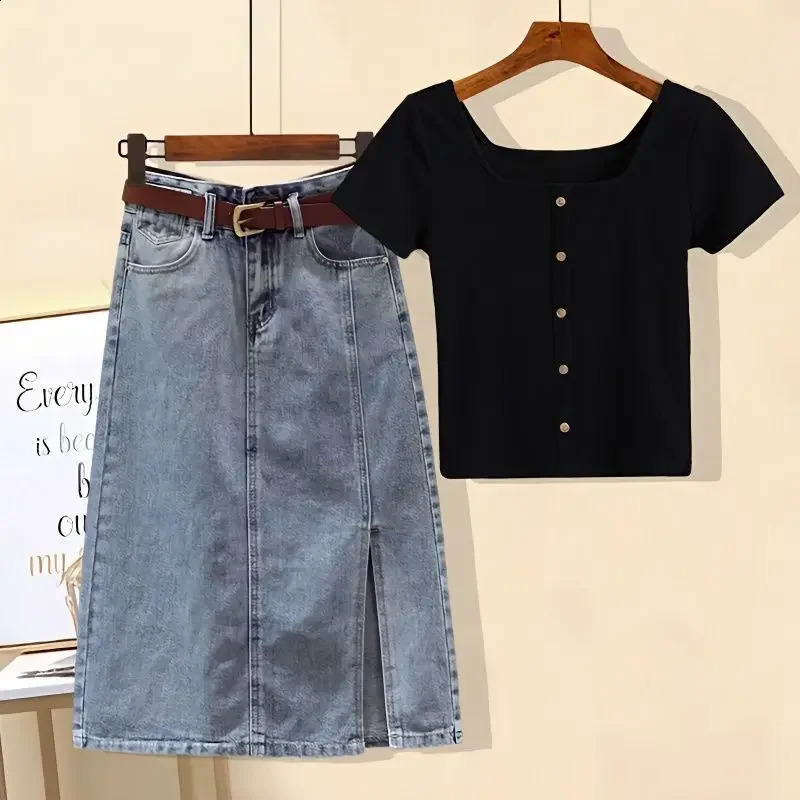 Summer Style Womens Denim Skirt Set Slimming Short Sleeves Top Belly Covering 2-piece Clothing For Women 240812
