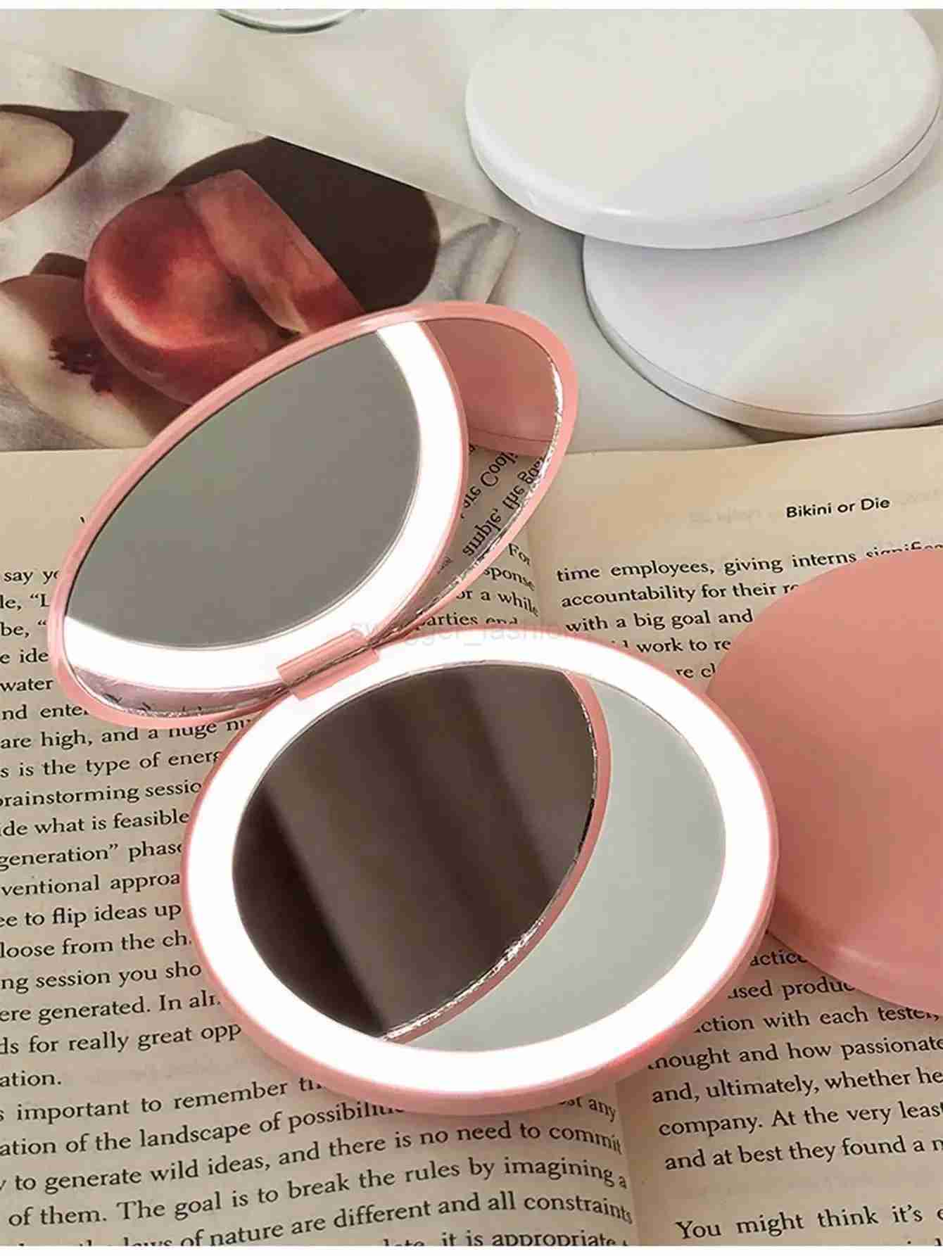 LED Foldable Makeup Mirror Women Mini Mirror Small Pocket Mirror Pink And White Luminous EffectXJ240813