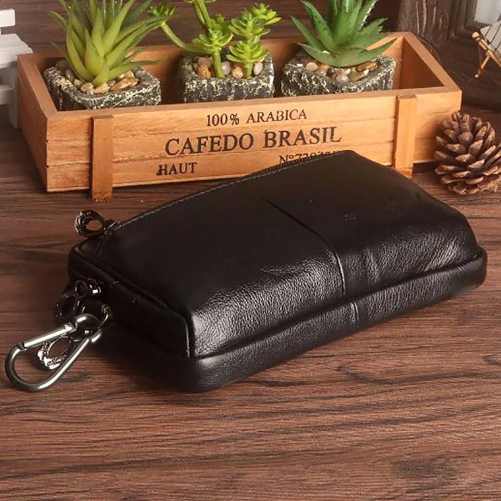 Mens clutch waist bag phone case cover genuine leather mens genuine cowhide hook Hip strap bag wallet Fanny bag 240812