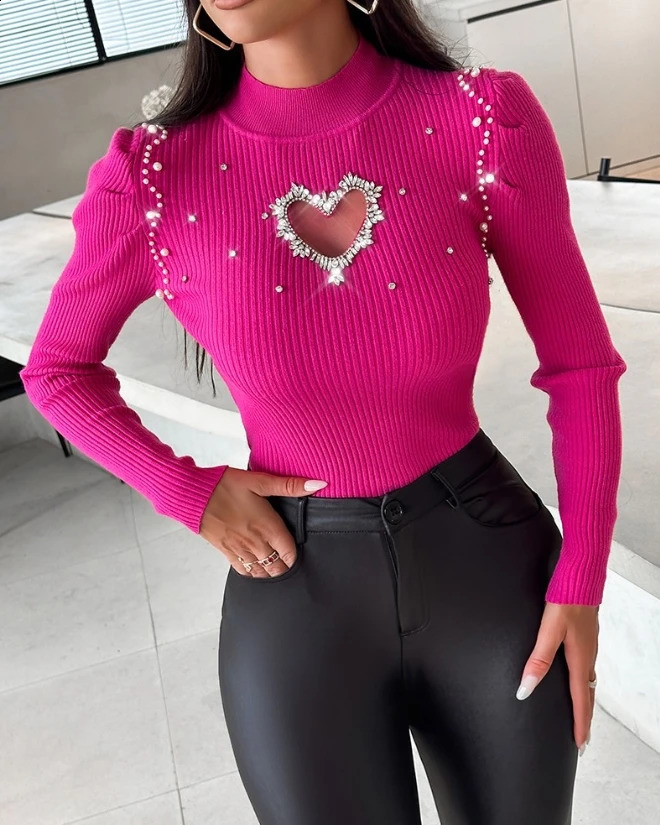 Tops for Women Winter Blouse Casual Solid Color Rhinestone Hollow Heart Knit Long Sleeve Pullover Skinny Sweater for Women 240813