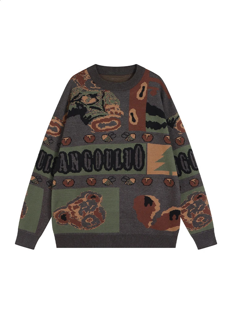 Women Print Pullover Knitted Sweater Harajuku Korean 90s Y2k Oversize Long Sleeves O-Neck Jumper Sweaters Vintage 2000s Clothes 240812