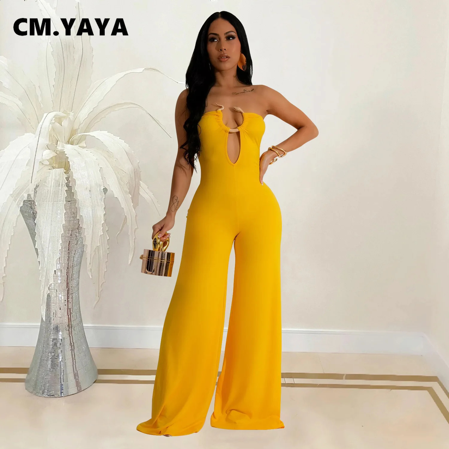 CM.YAYA Women Wide Leg Deep V-Neck Sleeveless Jumpsuits 2024 Summer Hollow Out Night Street Club Playsuit One Piece Suit Romper 240813
