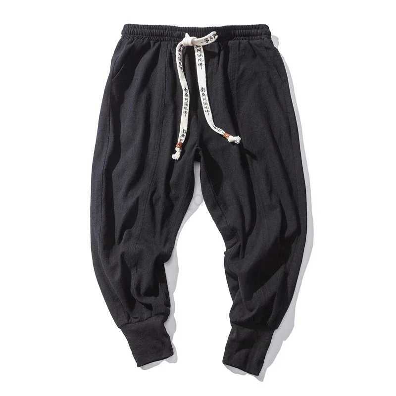 New Cotton Linen Harem Pants Men Solid Elastic Waist Streetwear Joggers Baggy Drop-crotch Pants Casual TrousersXJ240813