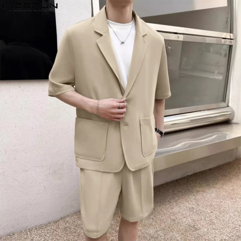 2024 Men Sets Solid Color Lapel Short Sleeve Blazer Shorts Two Pieces Sets Streetwear Mens Casual Suits S-5XL INCERUN Summer 240813