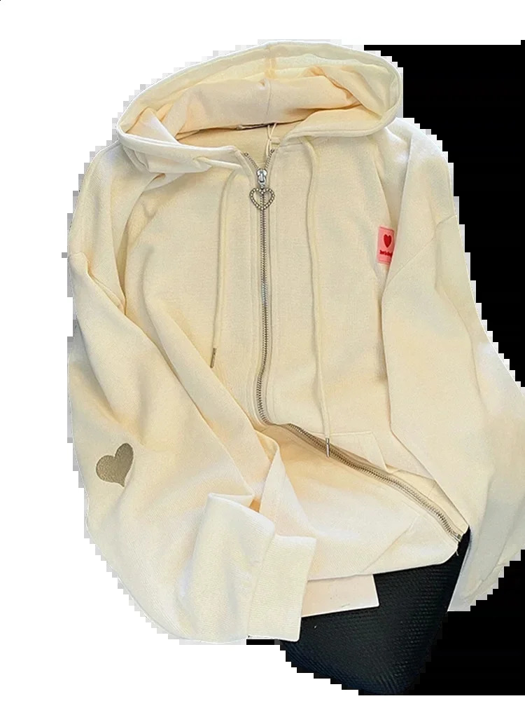 Chic Embroidered Hooded Korean Sweatshirt Womens Cardigan Autumn Thin Coat with Zipper Apricot Streetwear Hoodies Size M-XL 240812