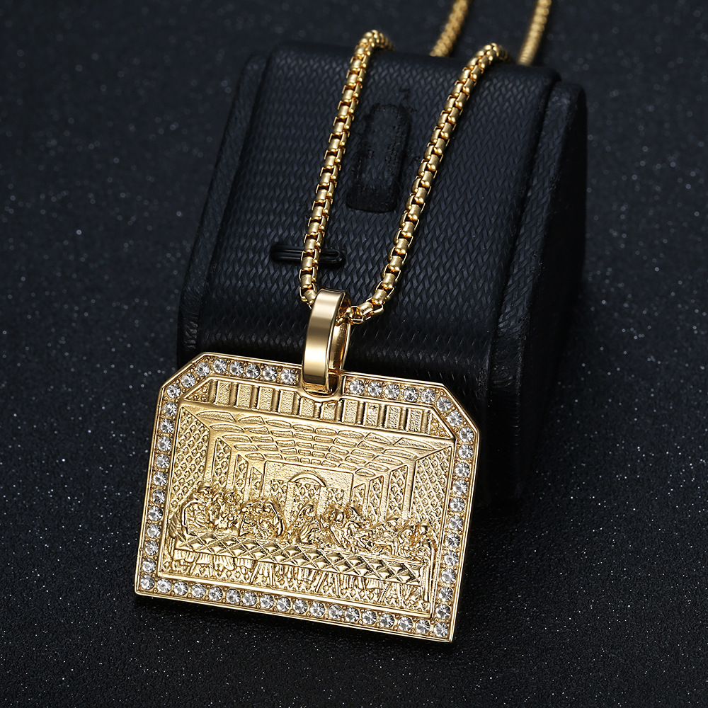 Vintage Thirteen Apostles Quadrate Pendant Necklace The Last Supper 18k Gold Plated Mens Jewelry