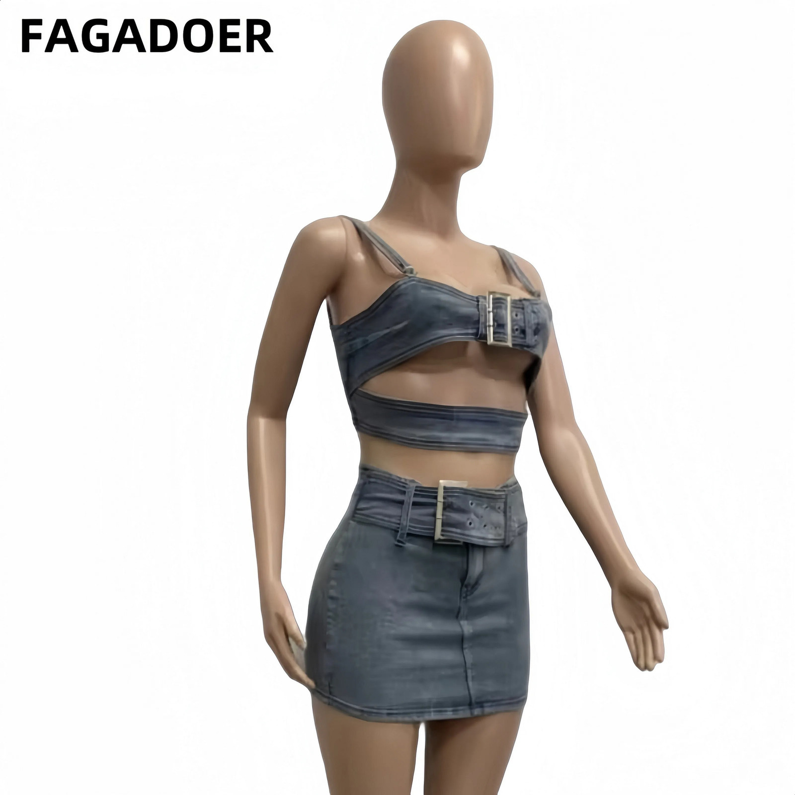 FAGADOER Blue Fashion Hollow Out Elasticity Denim Two Piece Sets Women Thin Strap Sleeveless Tank Top And Skirts Cowboy Outfits 240812