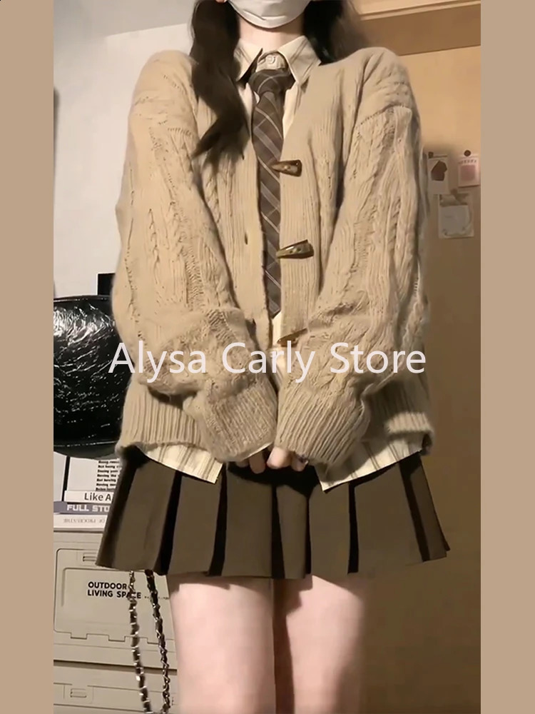 Japanese Preppy Style Coffee Knitted Sweater Women Loose Long Sleeve Button Thick Cardigan Winter Casual Vintage Warm Tops Coat 240812