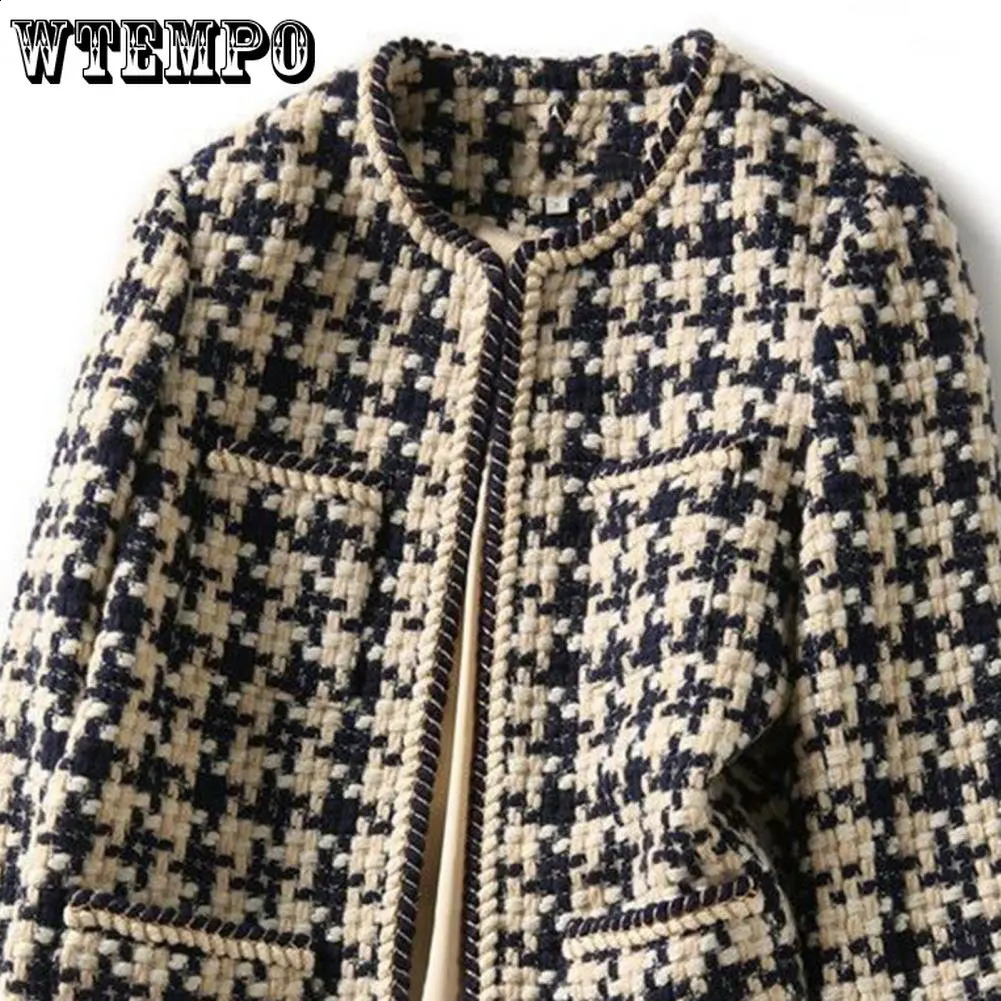 WTEMPO Vintage Early Autumn Tweed Women Jacket Elegant Grid Lady Winter Cardigan Open Front Plaid Outwear 240812