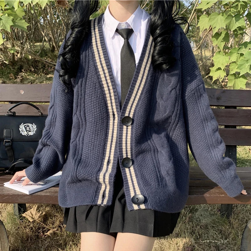 Varsity-Striped Cardigan Sweater for Women Long Sleeve Button-up Knitted Humble Cardigan High School Preppy Style Outfit 240812