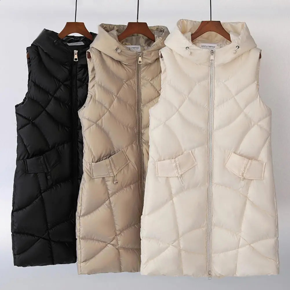 Women Winter Vest Stand Collar Mid Length Sleeveless Hooded Cotton Vest Slim Fit Keep Warm Padded Zipper Winter Cotton Coat 240813