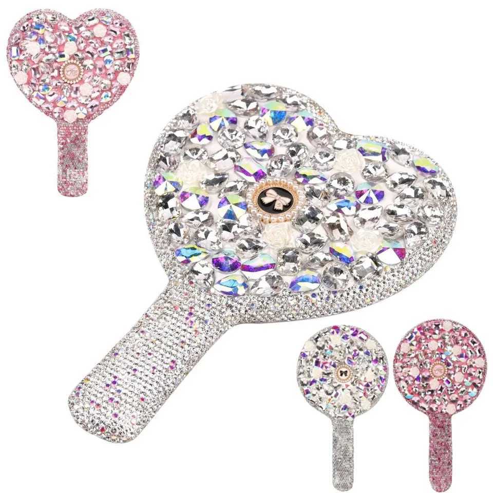Shiny Diamond Handheld Makeup Mirror Round Square Love Heart Mirror Handle Makeup Cosmetic Beauty Tools Vanity Make Up MirrorXJ240813