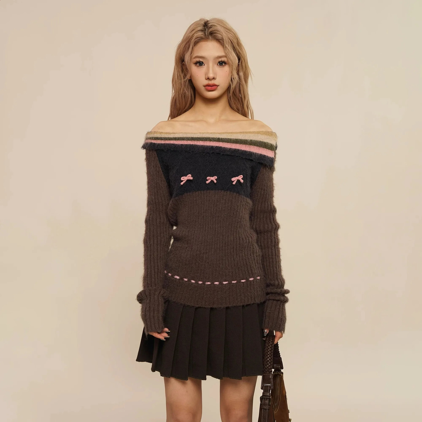 Autumn Winter Preppy Style Sweet Bow Sweater Women Slim Striped Knitted Pullover Loose Korean Fashion Brown High Street Jumper 240812