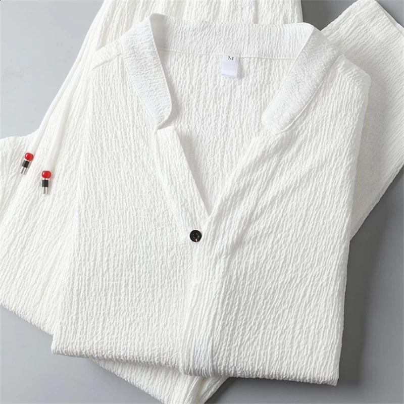 Ice silk linen mens springsummer loose floral top and elastic waist Trouser sportswear twopiece set 240812