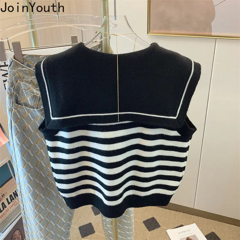 Sweet Korean Sweater Vest Women Chic Sailor Collar Sleeve Striped Tops Preppy Style Bow Sleeveless Knitted Cachemira Mujer 240812