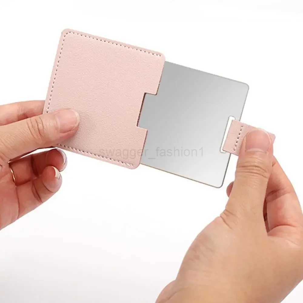 Stainless Steel Makeup Mirror with Leather Sheath Portable Square Pocket Mirror Handle Unbreakable Compact Vanity MirrorXJ240813