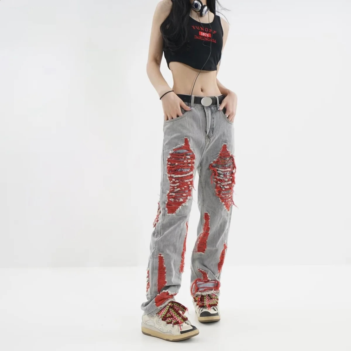 Retro Y2k Baggy Pants red Ripped Jeans Women Streetwear High Waist Gradient Color Fashion Casual Mopping Trousers y2k jeans 240813