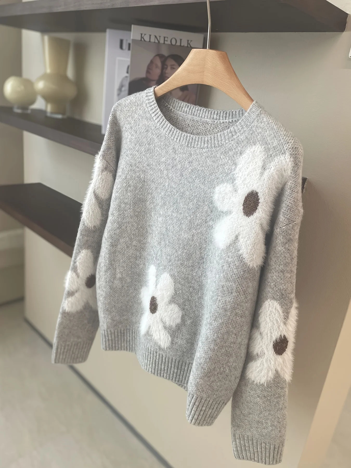 Y2K Womens Flower Harajuku Printed Standing Neck Long sleeved Sweater Top Casual Autumn/Winter Knitwear 240812