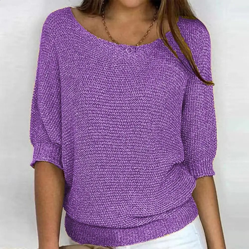 Women Autumn Winter Solid Color Knitting Sweater O-Neck 34 Sleeve Loose Fit Pullover Tops Knitwear Woman Clothing 240813