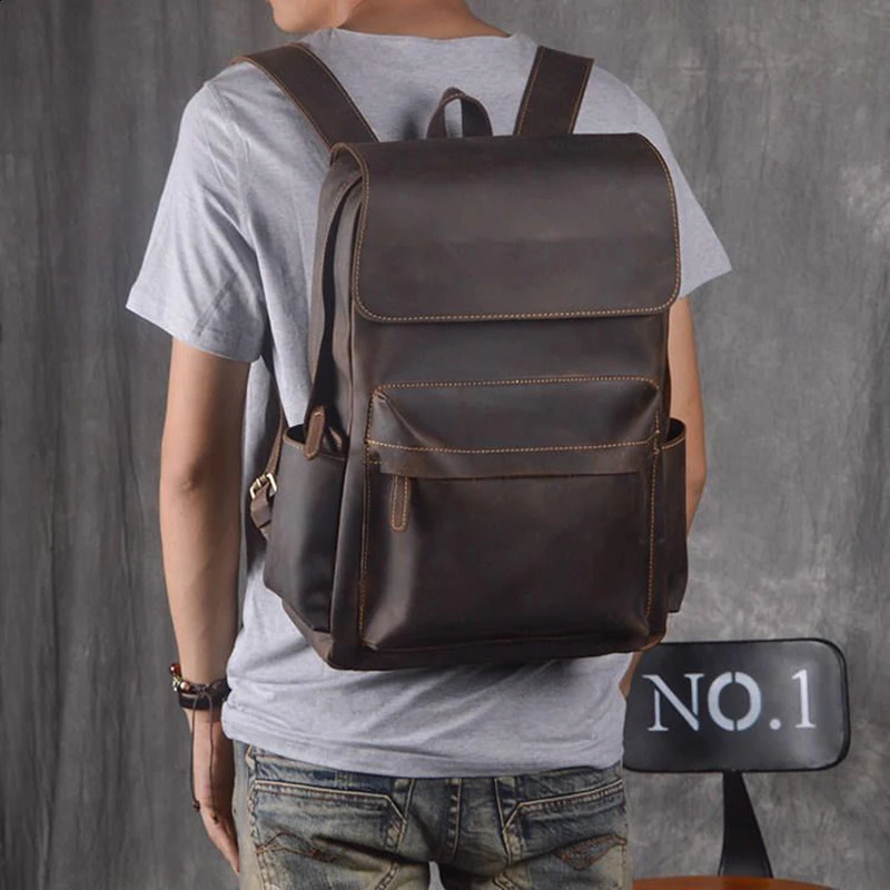 Retro Leather Mens Backpack Large Capacity 156inch Laptop Bag Crazy Horse Travel Academy 240813