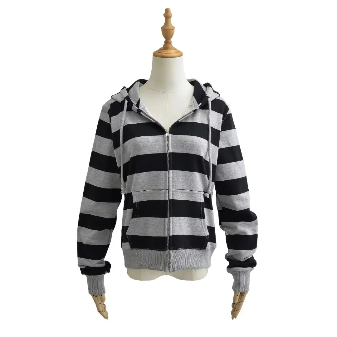 Women Long Sleeve Open Zipper Loose Hoodies Casual Sweats Black Navy Autumn Winter Harajuku Contrast Striped Hooded Sweatshirt 240812