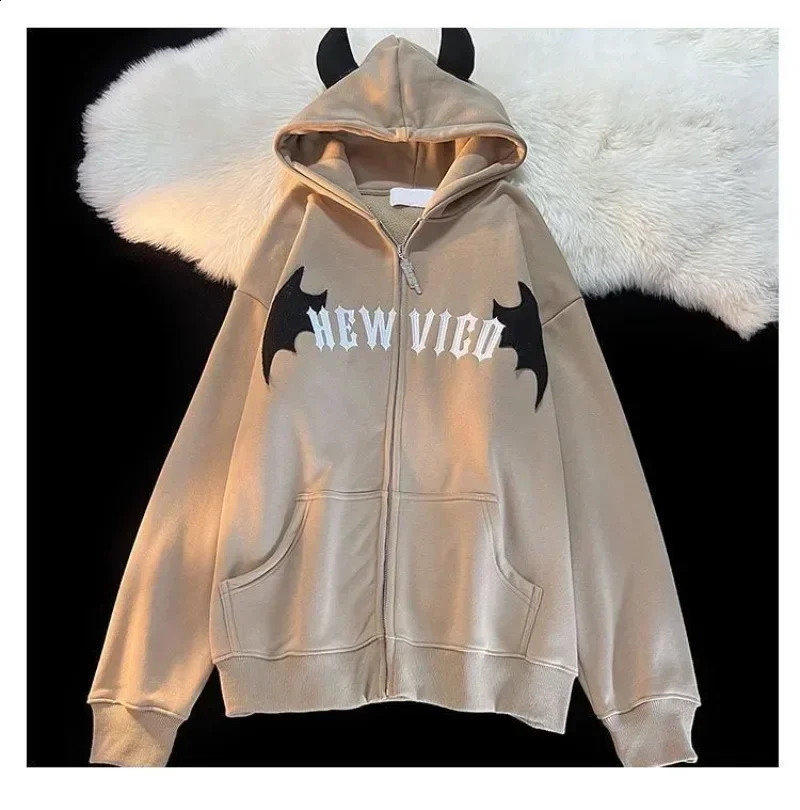 Y2k American Retro Little Devil Horn Hoodies Women Letter Embroidery Zipper Hooded Sweatshirt Harajuku Casual Loose Jacket Coats 240812