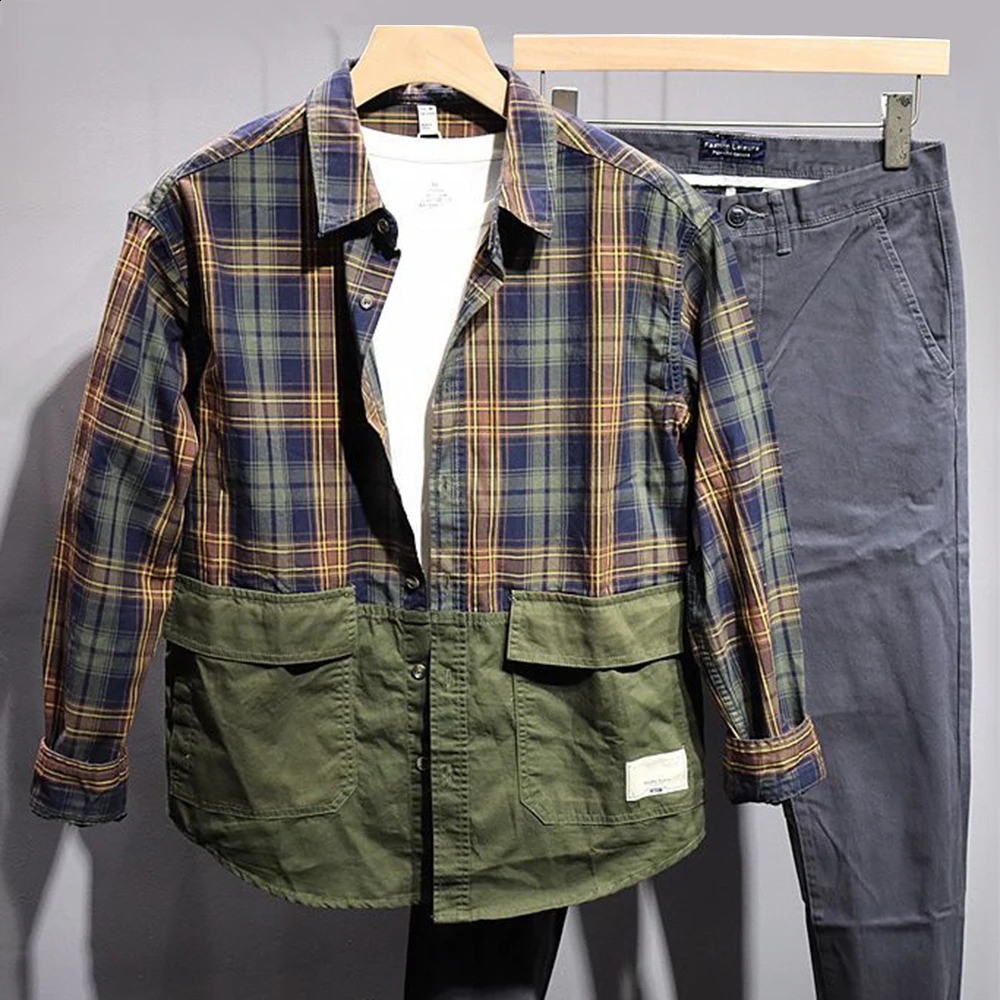 SpringSummer Mens Casual Shirt Retro Japanese Style Simple and Comfortable Splicing Long Sleeve Loose Flat 240812