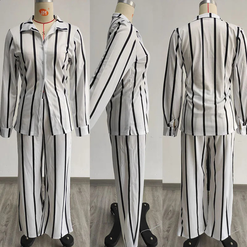 Elegant Fashoin Striped Two Piece Set for Women Long Sleeve Shirt Top and Wide Leg Pants Suits Office Lady Matching Sets Outfits 240813