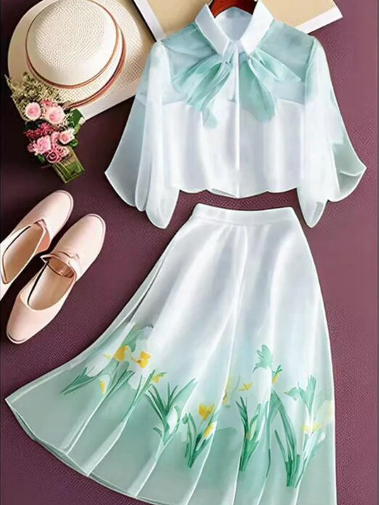 Warm shirt Faldas floral leather twopiece set womens coat short sleeved printed Ropa unprinted chiffon top 240809