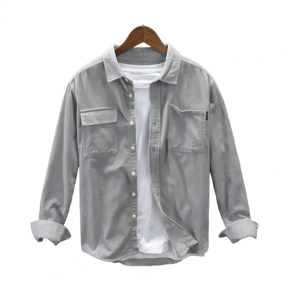 Mens shirt mens Corduroy cargo workwear with chest pocket collar solid color long sleeved cardigan suitable for outdoor use 240812