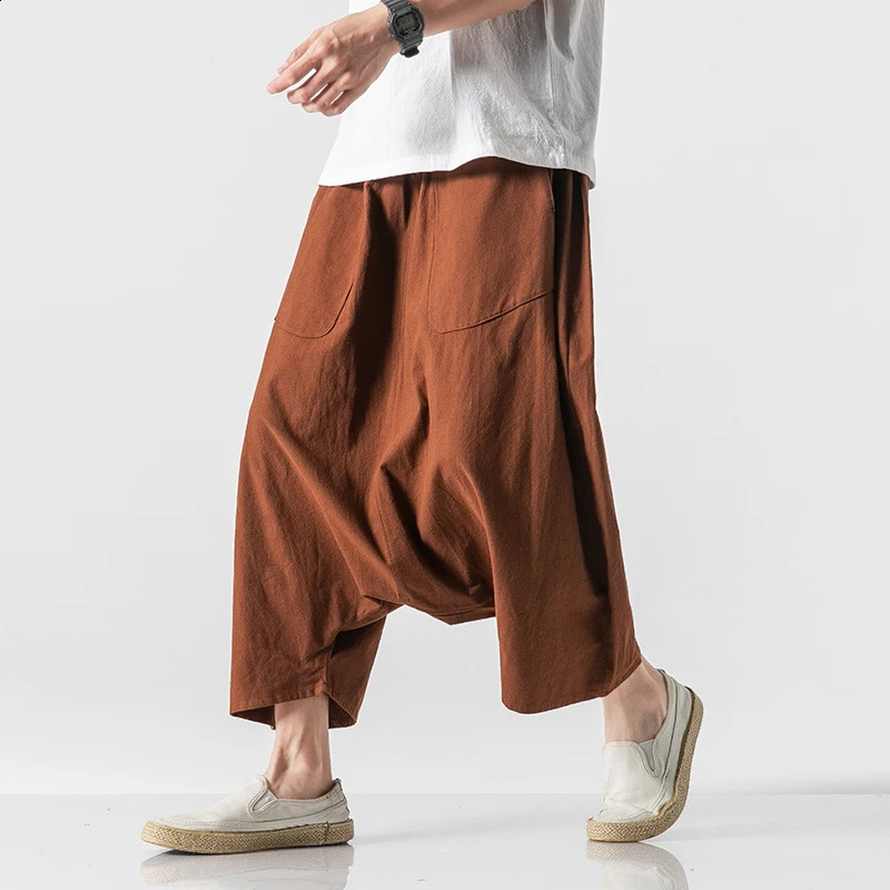 Summer mens plus size casual harem pants retro loose cotton linen wide leg pants mens elastic waist pants 240812