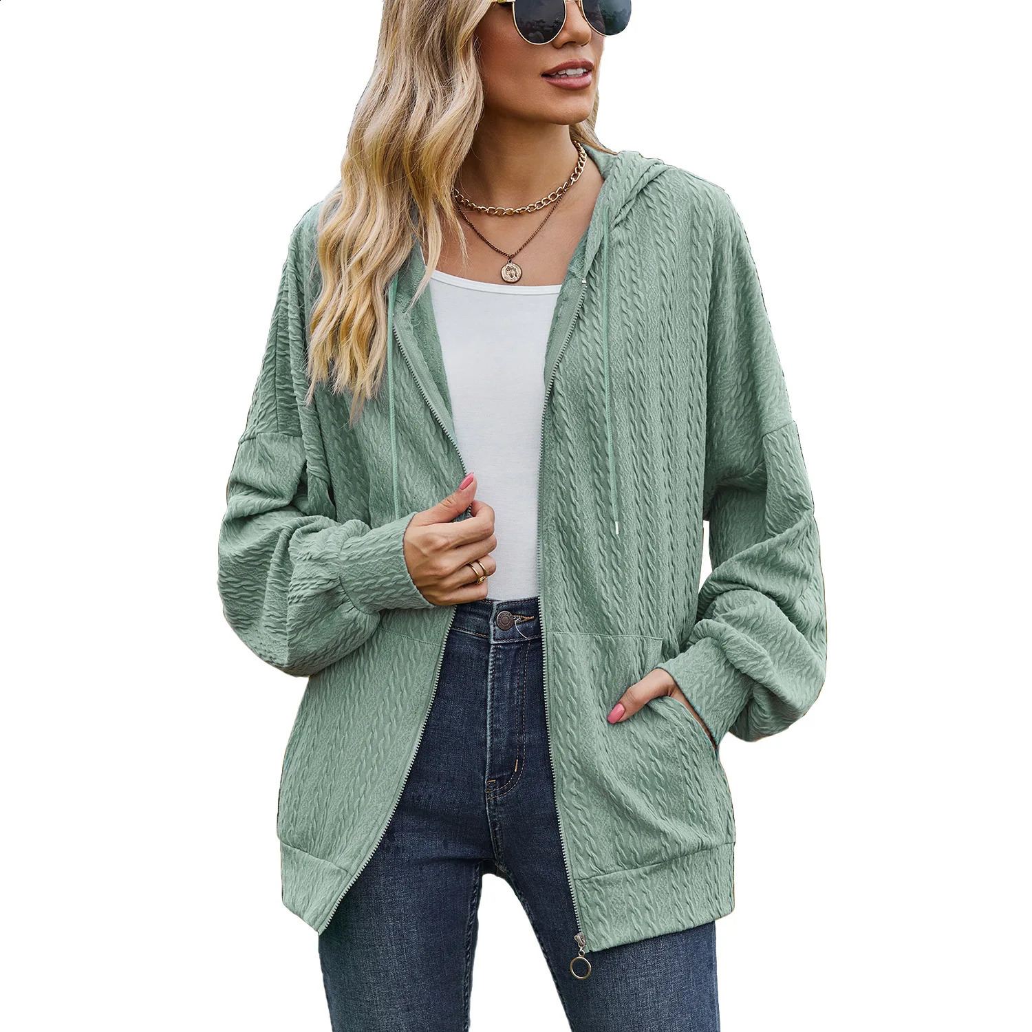 Autumn Winter Coat Womens Fashion Solid Pocket Long Sleeve Drop Shoulder Sleeve Loose Casual Hooded Sweater Coat 240812