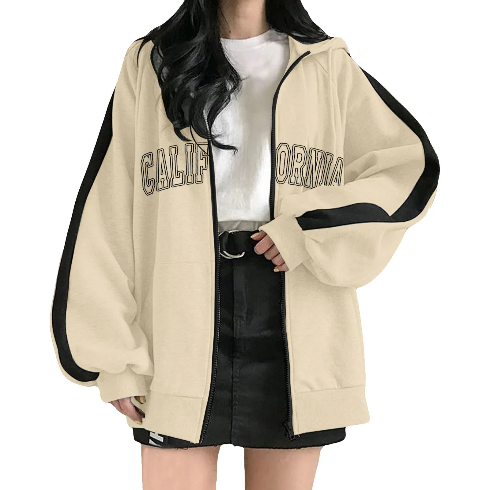 Women Hoodies Harajuku Hooded Oversized Hoodie Long Sleeve Sweatshirt Loose Letter California Print Zip-Up Tops Jacket Coats L2 240812