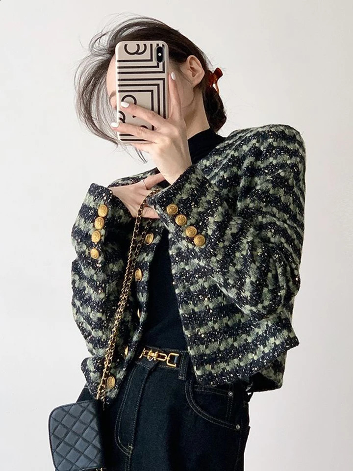 Zoki Retro Green Striped Tweed Jackets Women Elegant Slim Long Sleeve Short Coats High Quality Casual Korean Vintage O Neck Tops 240812