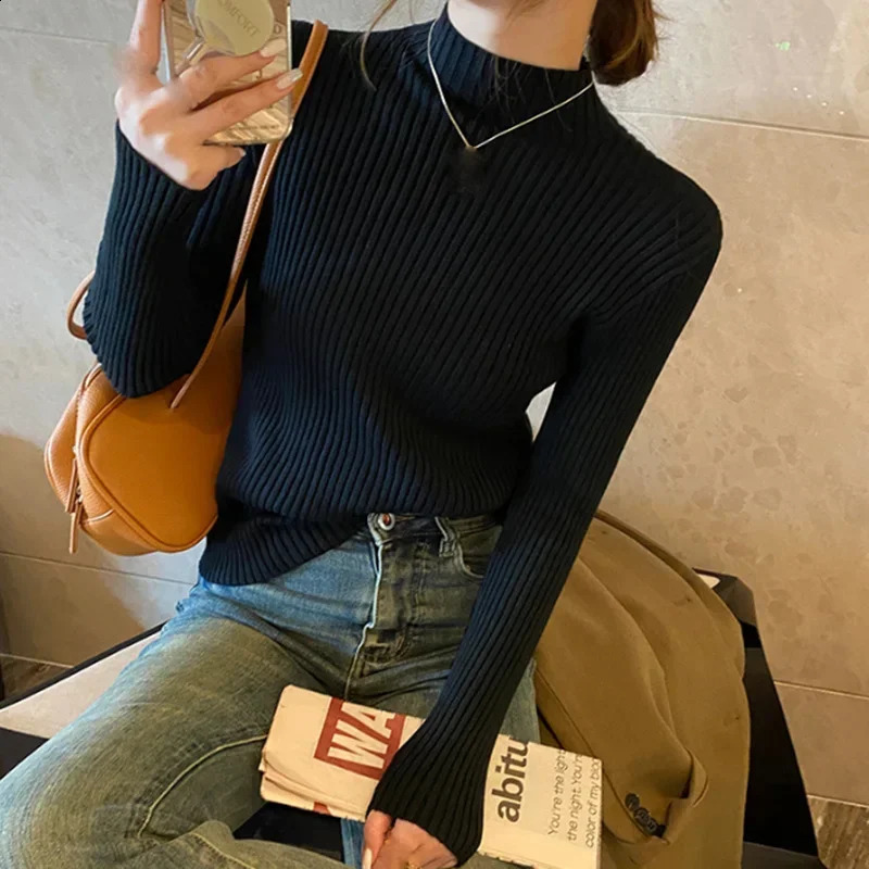 Winter Womens Sweater Solid Knitted Top Color Pullover Korean Long Sleeve Decayed Pants 240812