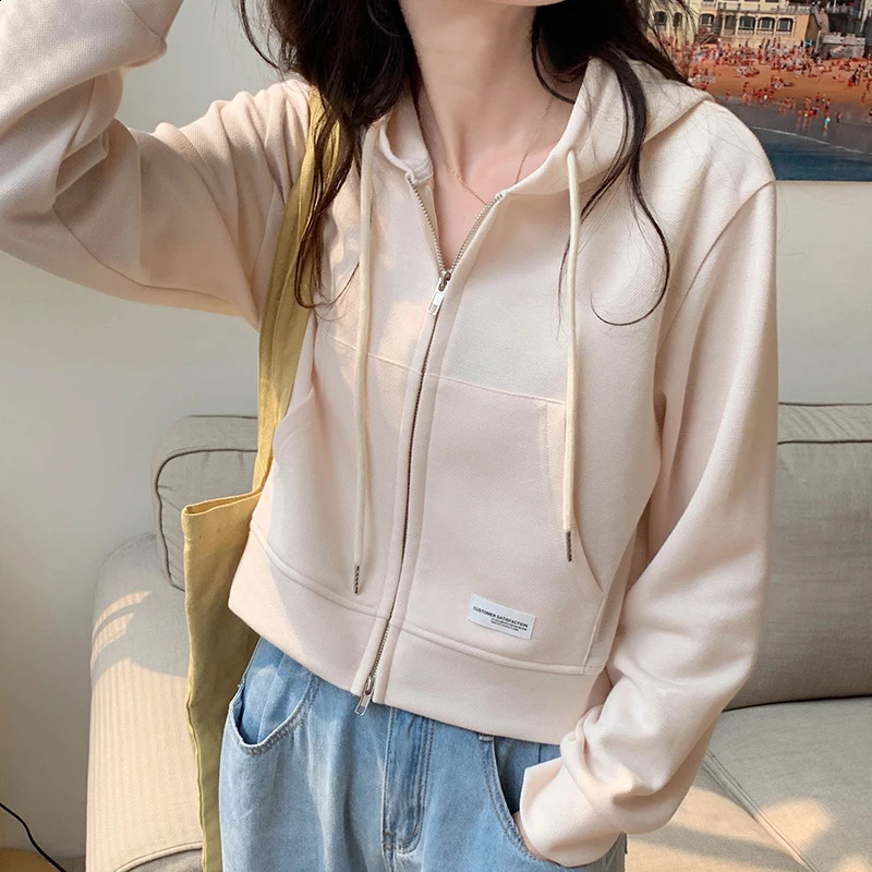 Gidyq Women Streetwear Sweatshirt Korean Fashion Double Zip Loose Hoodies Autumn Casual Female All Match Cropped Coats 240812