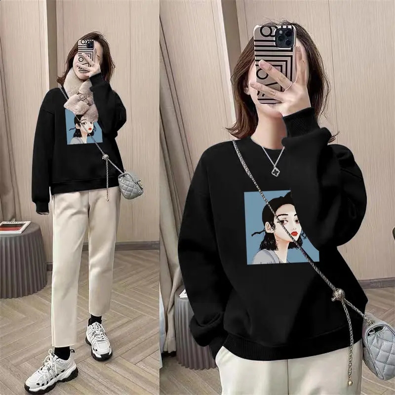 Autumn and Winter Womens Crew Neck Long Sleeved Printed Loose Pullovers Korean All Match Fashion Casual Office Lady Tops 240812