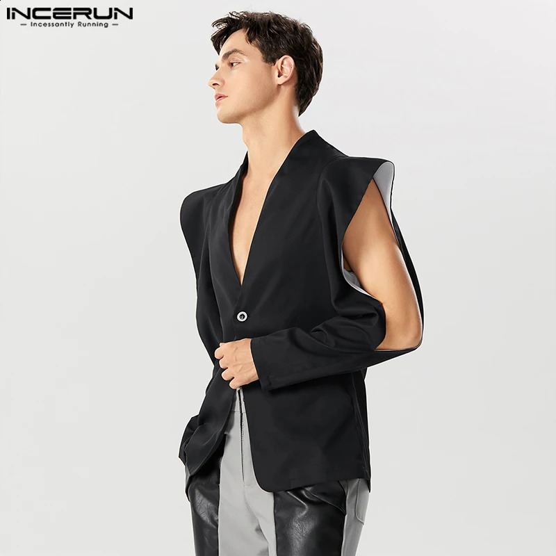 Mens Solid Collar Long Sleeve Single Button Irregular Set Street Clothing Hollow Fashion Thin Coat S5XL INCERUN 240812