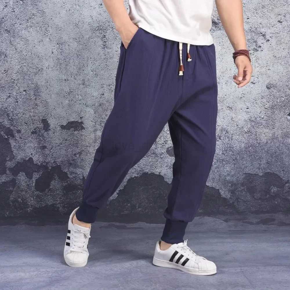 Cotton Linen Harem Pants Men Solid Elastic Waist Streetwear Joggers 2022 New Baggy Drop-crotch Pants Casual Trousers MenXJ240813