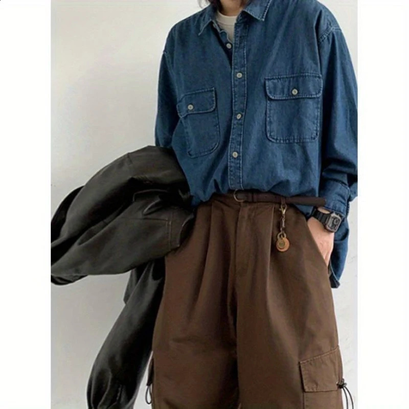 2024 Spring Casual Men Set Retro Simplicity Pocket Denim Shirtbig Pocket Street Hip-hop Cargo Pants 2-pcs Japanese Fashion Suit 240813