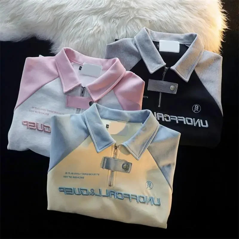 College Style Half Zip Up Hoodie POLO Collar Harajuku Sweatshirt Autumn Contrasting Raglan Sleeves Top Streetwear Women 240812