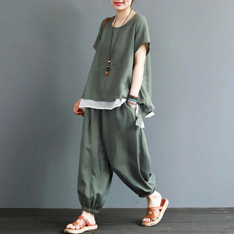 Cotton Linen Pants Sets Oversized O-neck Short Sleeve T-shirt and Harem Pants Women Summer Vintage Casual Loose Two Piece Set 240813