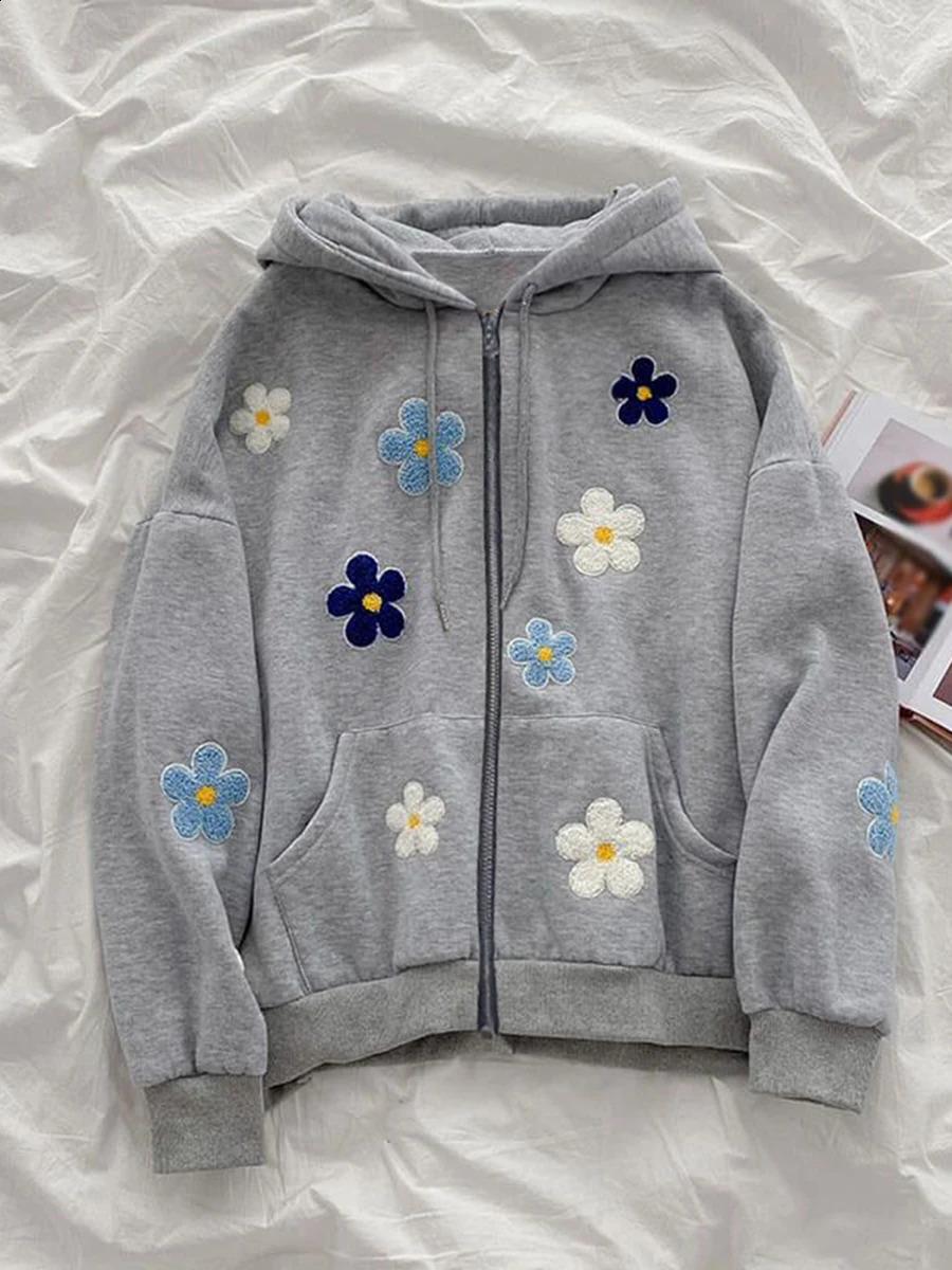 Women s Floral Embroidery Hoodie Long Sleeve Hood Sweatshirt with Front Pocket 240812