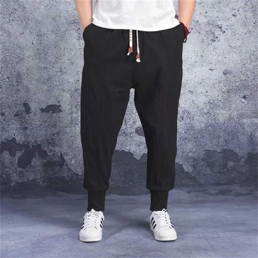 Cotton Linen Harem Pants Men Solid Elastic Waist Streetwear Joggers 2022 New Baggy Drop-crotch Pants Casual Trousers MenXJ240813