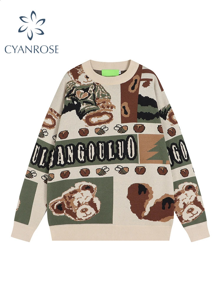 Women Print Pullover Knitted Sweater Harajuku Korean 90s Y2k Oversize Long Sleeves O-Neck Jumper Sweaters Vintage 2000s Clothes 240812