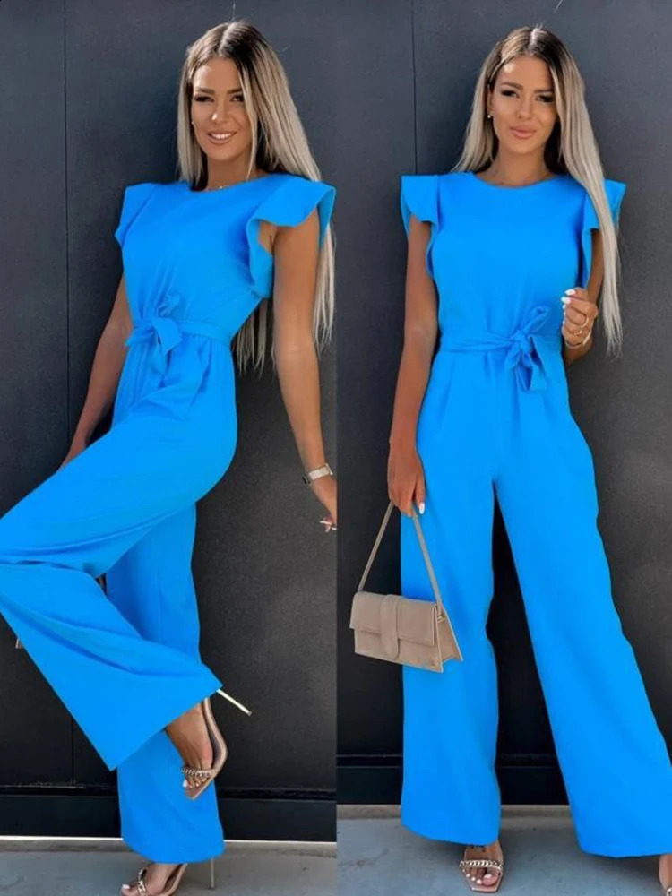 Summer Womens Jumpsuits Elegant Belt Solid Overalls Woman Jumpsuit Casual O-neck Ruffles Office Lady Wide Leg Playsuits 240813