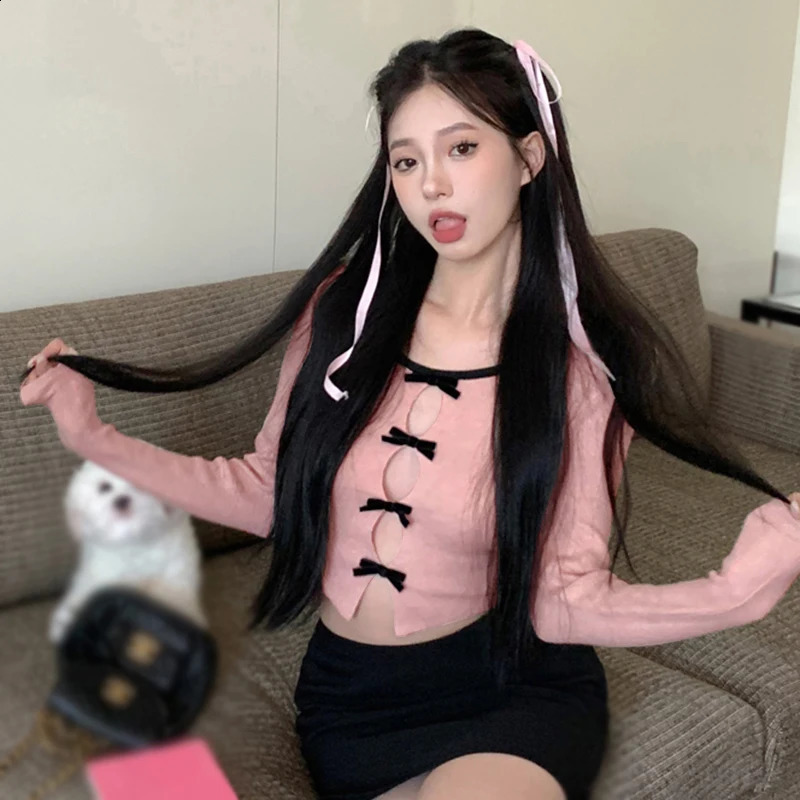 Womens long sleeved round neck breathable knitted thin sweet bow decoration fashionable fully matched sweater top autumn 240812